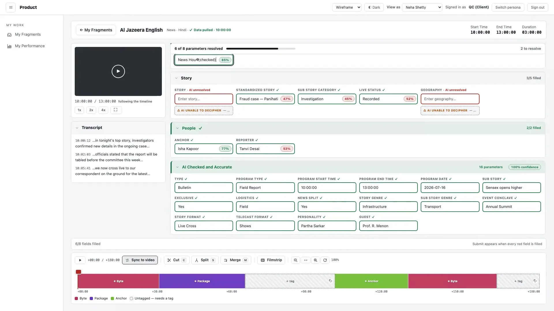 The QC console: a video and its transcript on the left, the parameters on the right already filled with the AI's suggestions, each with a colour-coded confidence score, and the day's timeline of tagged clips below.