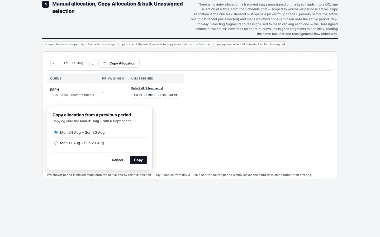 Screenshot: one section of the design-system document, with a live example, the rule it follows and a note on how it failed before.