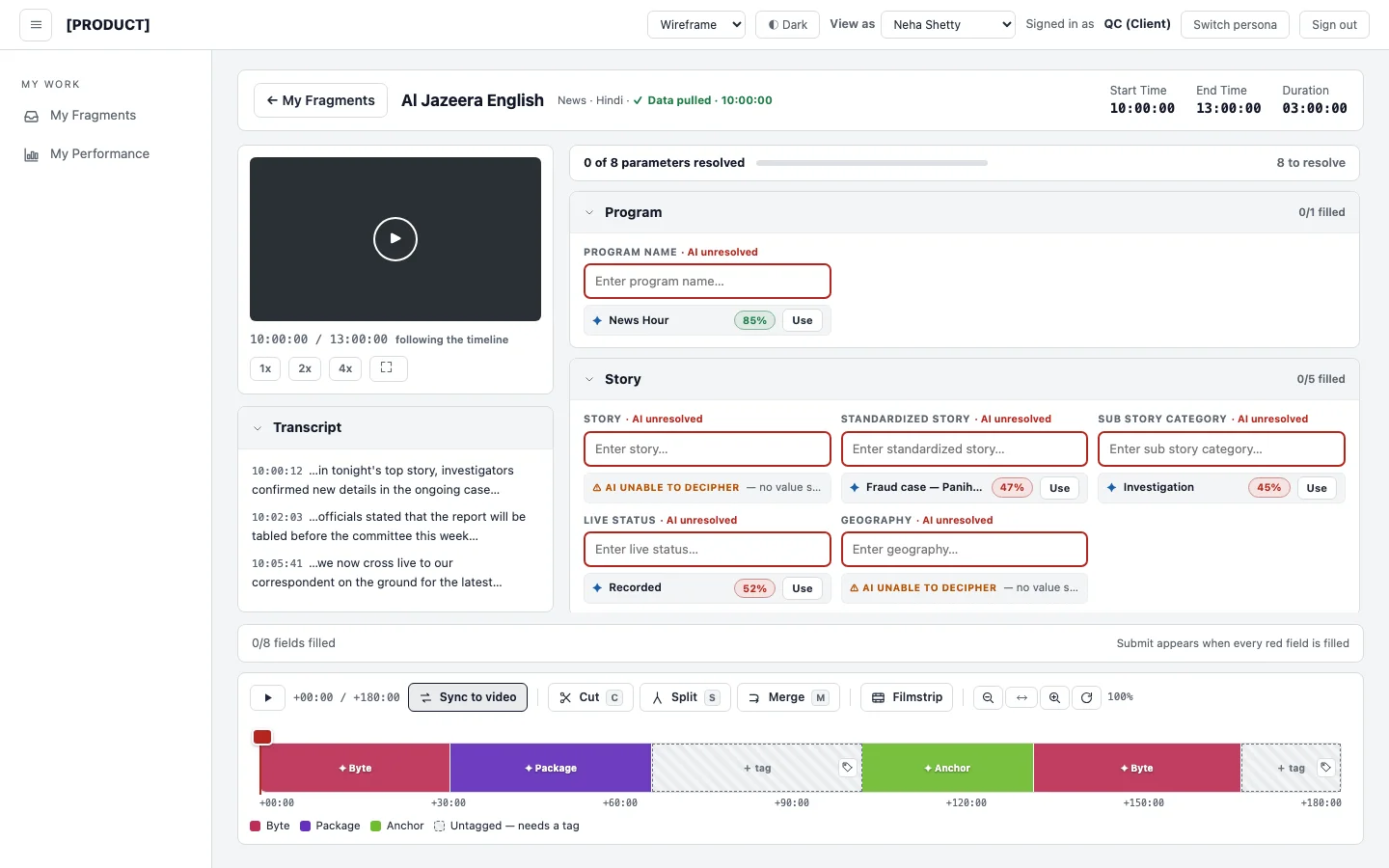 Screenshot: the QC console with empty red fields. Under each one a separate row shows the AI's suggestion, a confidence score and a Use button.