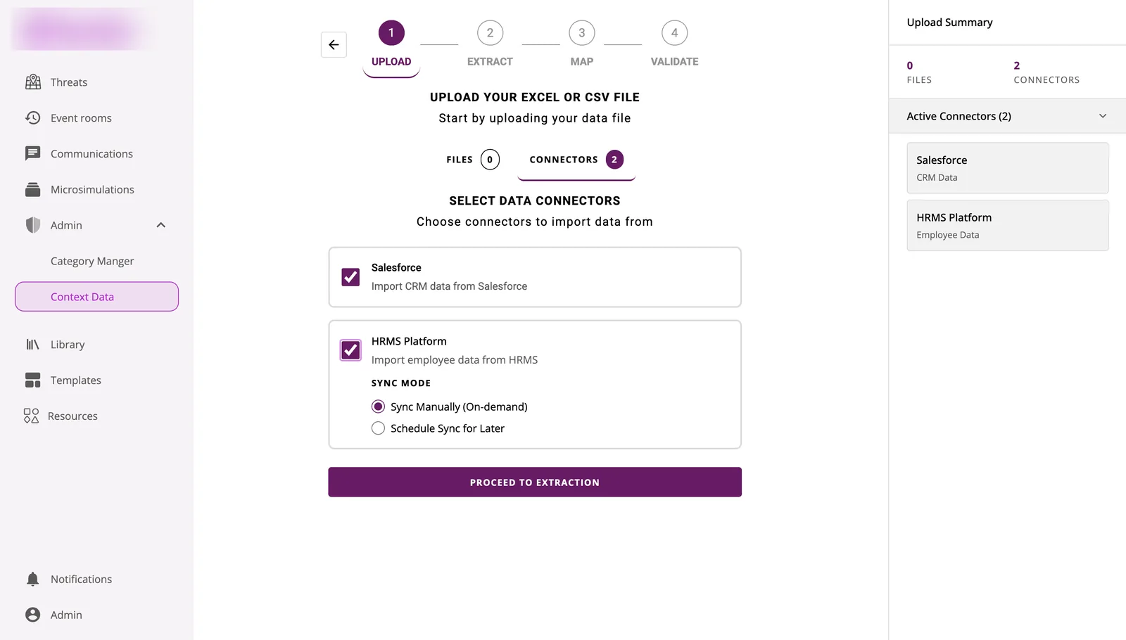 Upload step, connectors tab: Salesforce and HRMS platform selected, HRMS set to sync manually or on a schedule.