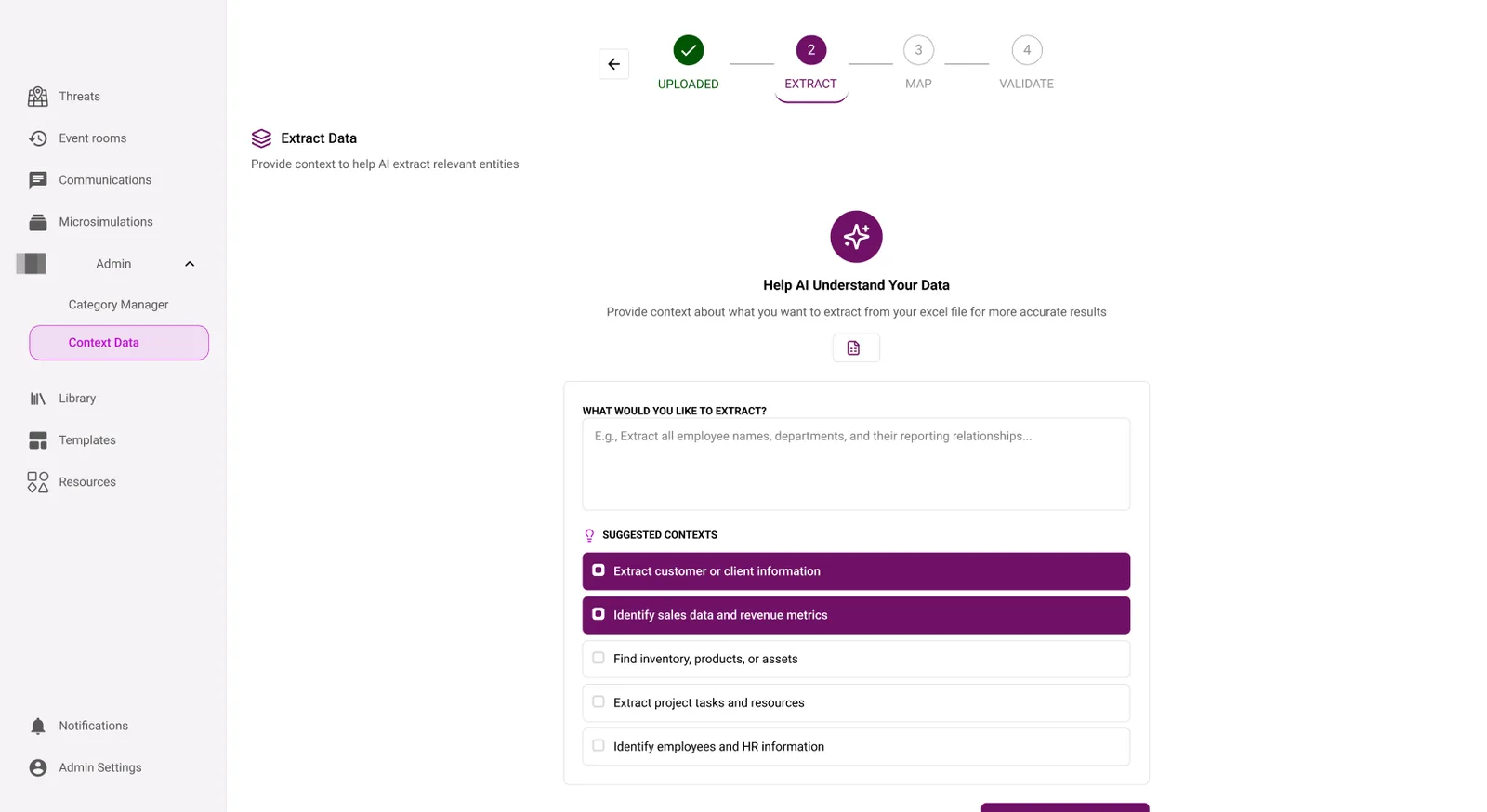 The context step: what would you like to extract, with suggested contexts to pick from.