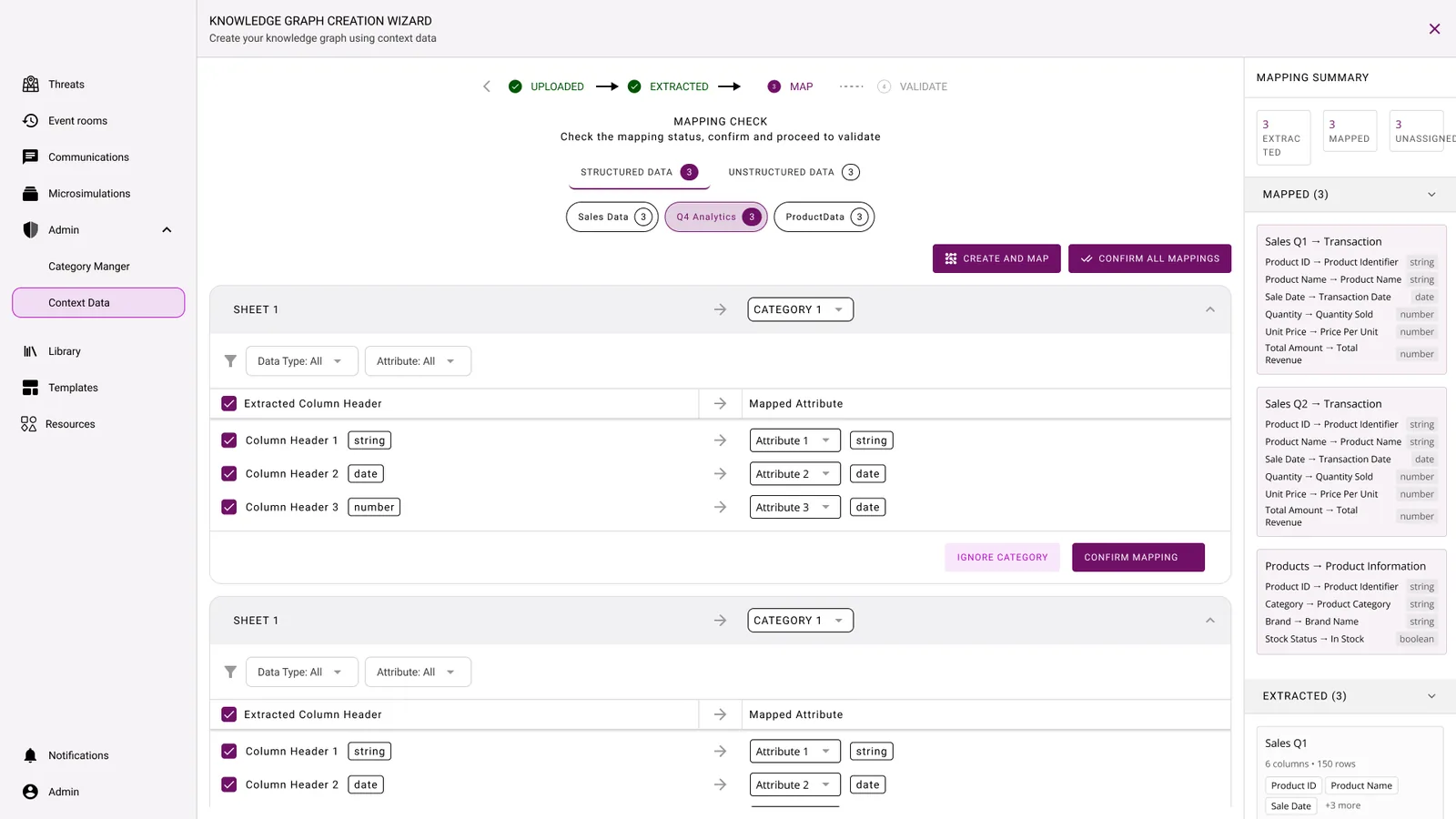 Mapping check with separate structured and unstructured data tabs and a mapping summary.