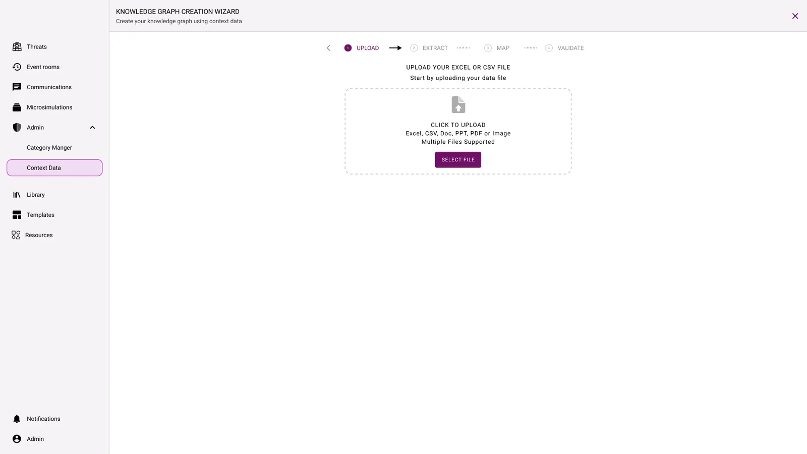Creation wizard, upload step: choosing structured and unstructured files.