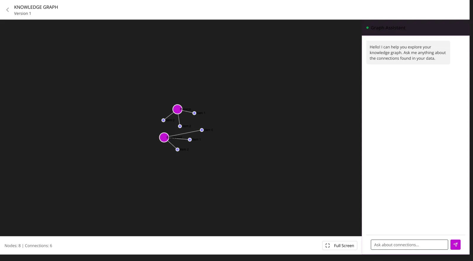 Knowledge graph version 1: a dark canvas with a few nodes and a graph assistant chat panel.
