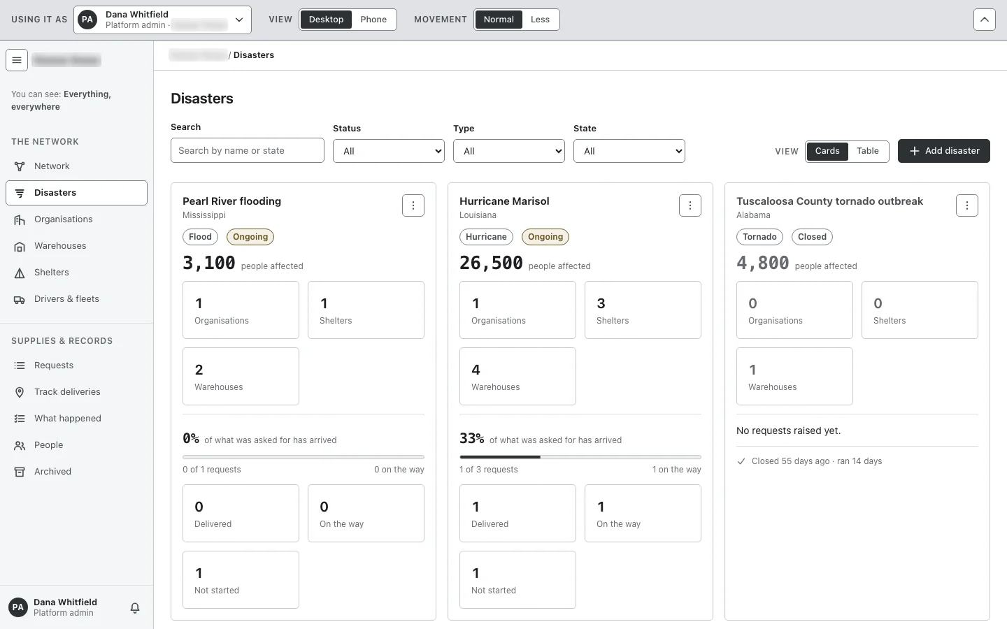 Screenshot: the first prototype in greys. A "Using it as" picker in the top bar switches between people, here the platform admin on the Disasters page.