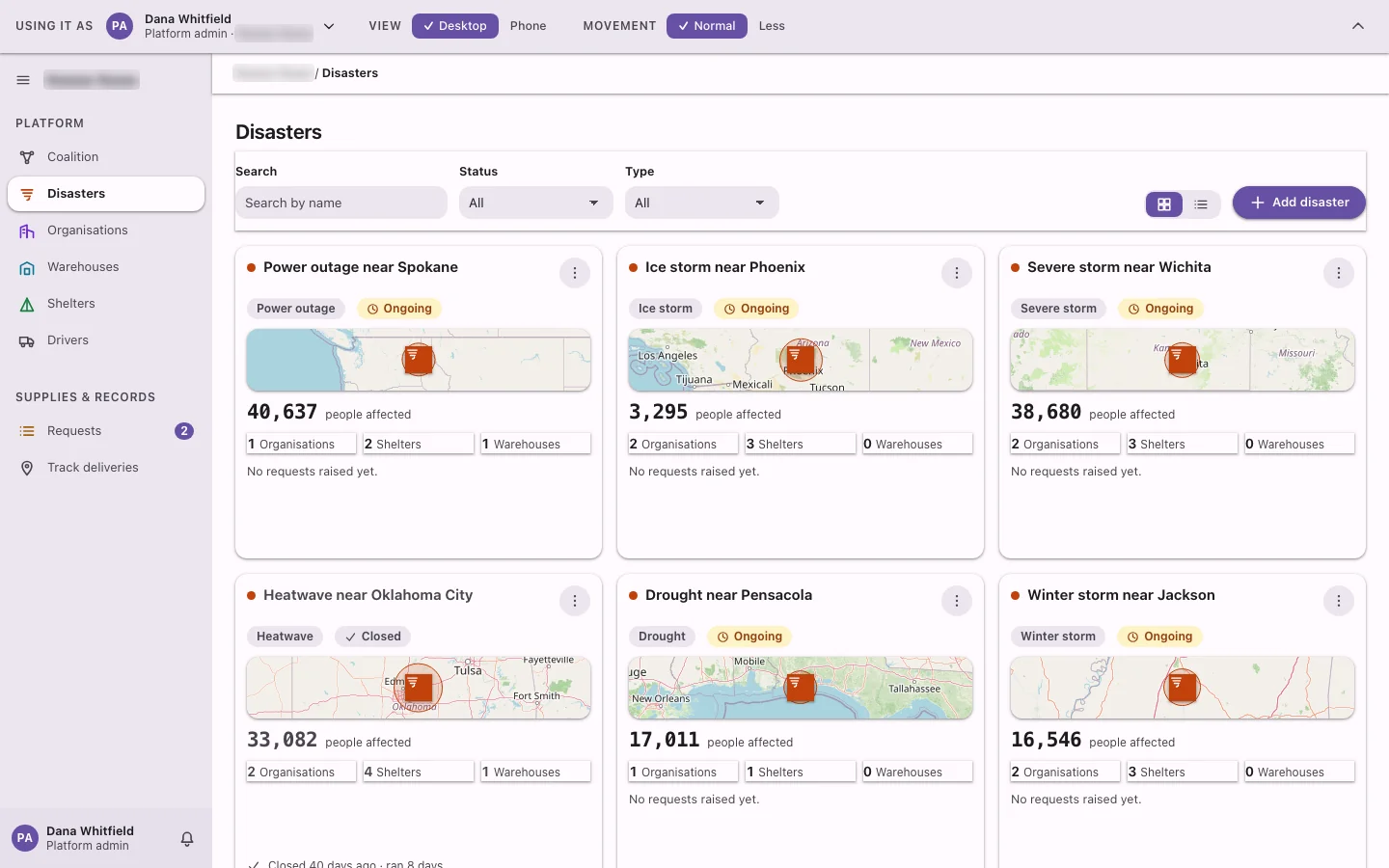 Screenshot: the Disasters page in the Material treatment, one of several styles tried on the same app, with map thumbnails on each card.