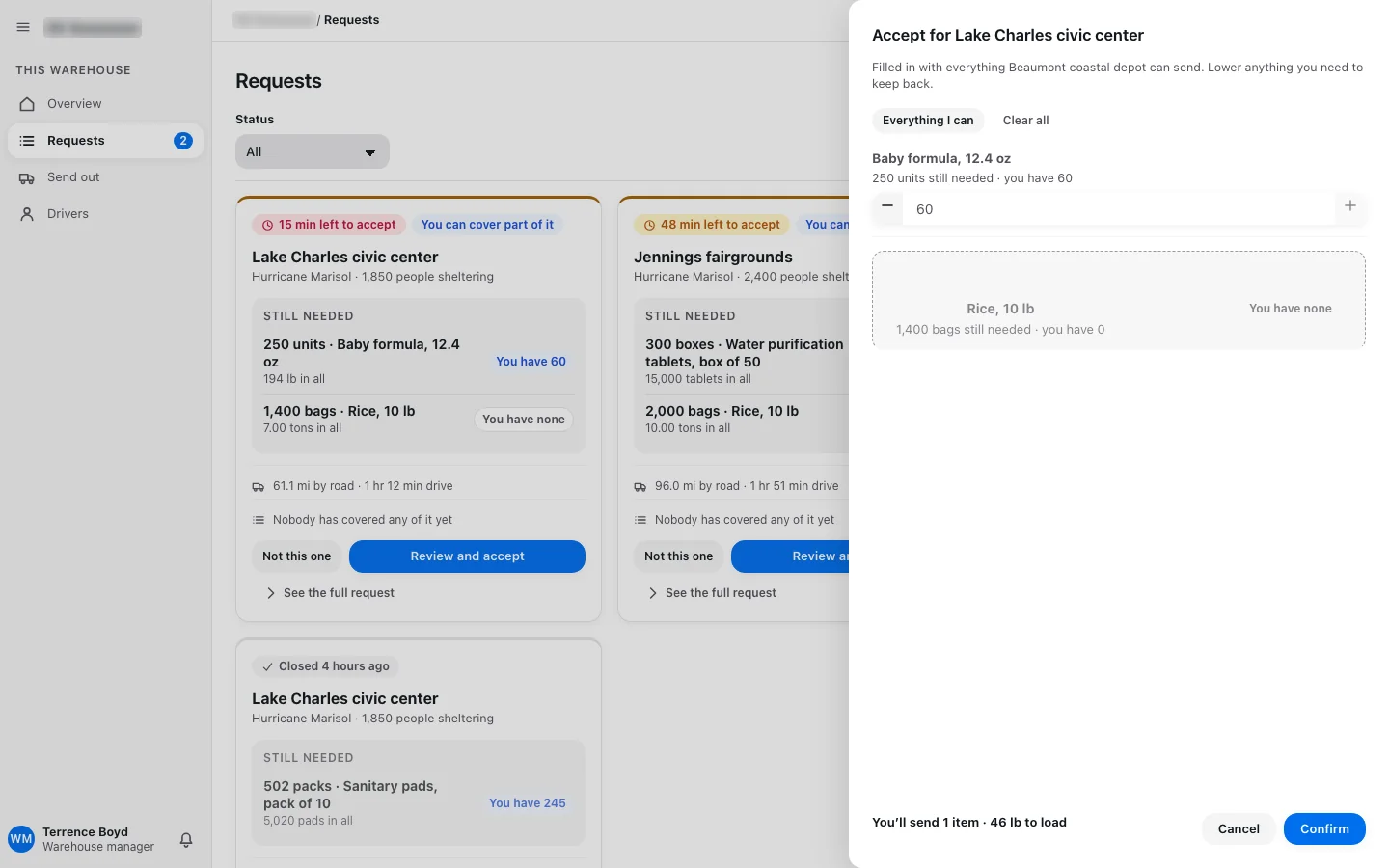 Screenshot: the earlier accept form. It opens filled in with everything the warehouse holds and greys out an item it holds none of.