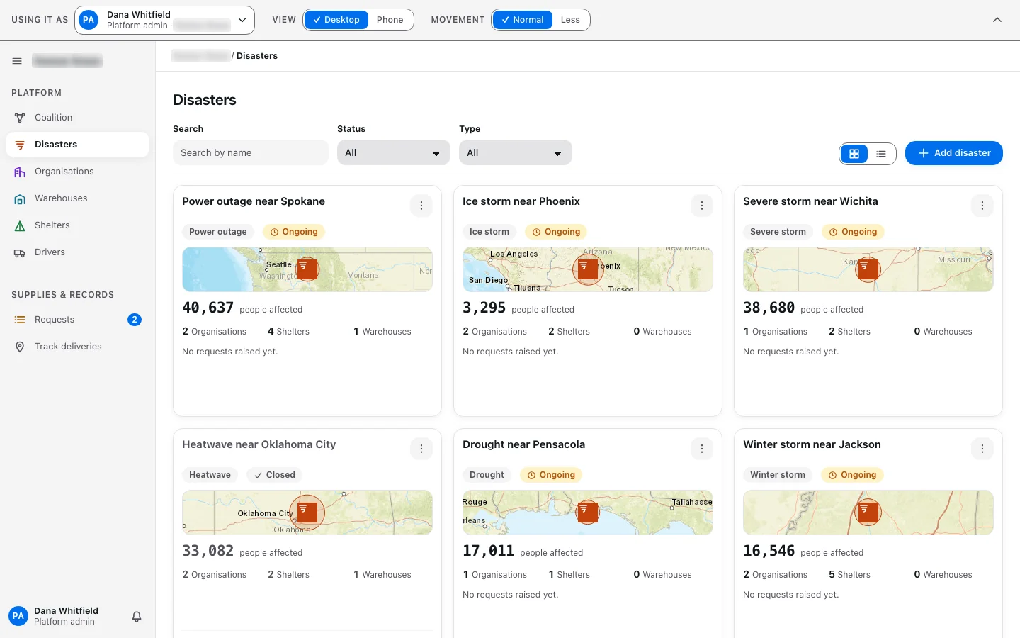 Screenshot: the Disasters page in the HeroUI-based treatment: cards of equal height with a map, type, status and counts.