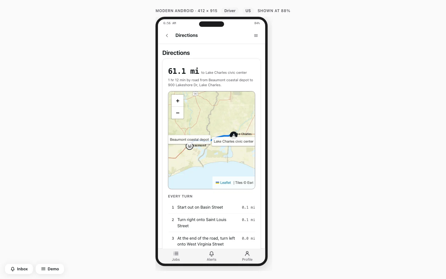 Screenshot: the driver's Directions screen before the change. The title appears in the top bar and again below it, and the map and turn list fill the screen with no Confirm pickup in view.