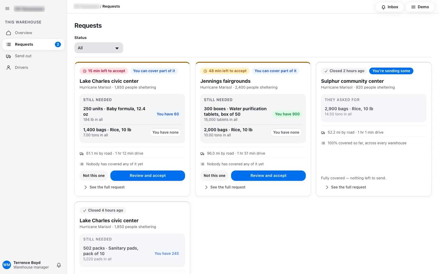 Screenshot: the warehouse Requests list before the change. Each needed item carries a chip comparing it with stock, such as You have 60 or You have none, and a verdict such as You can cover part of it.