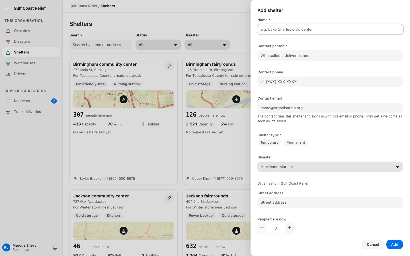 Screenshot: the earlier Add shelter panel, with name, contact, phone, email, type, disaster, organisation, address and headcount in one long scrolling form.