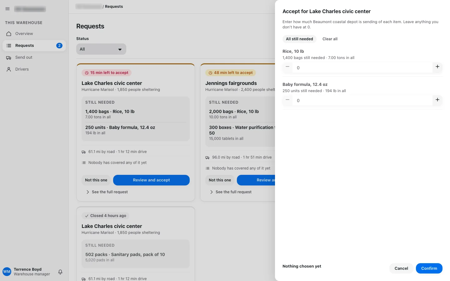 Screenshot: the accept form after the change. Each item shows how much is still needed and its total weight, every amount starts at 0, and All still needed fills them in.