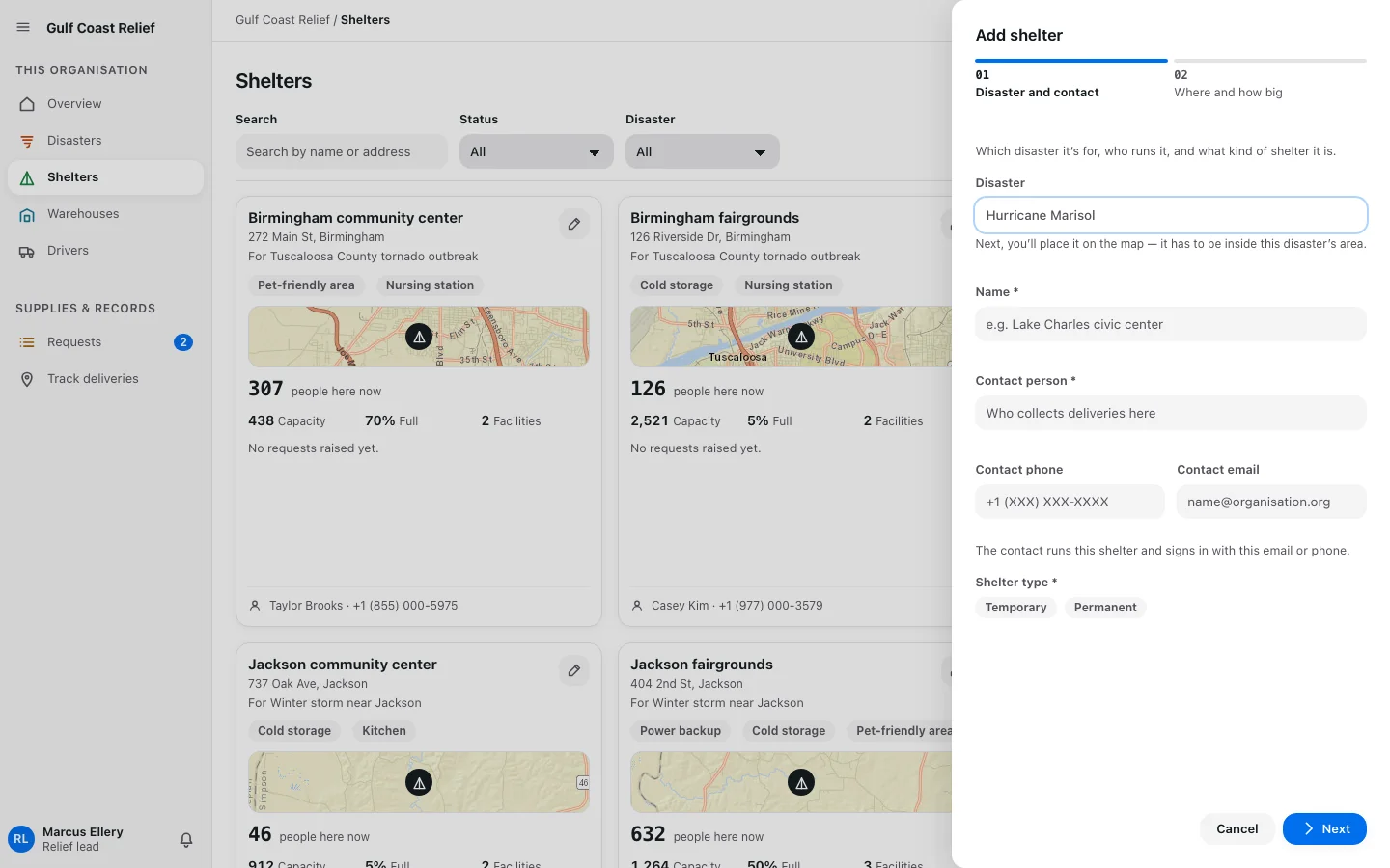 Screenshot: the two-step Add shelter wizard on step 1, Disaster and contact: the disaster first, then name, contact details and shelter type, with Next.