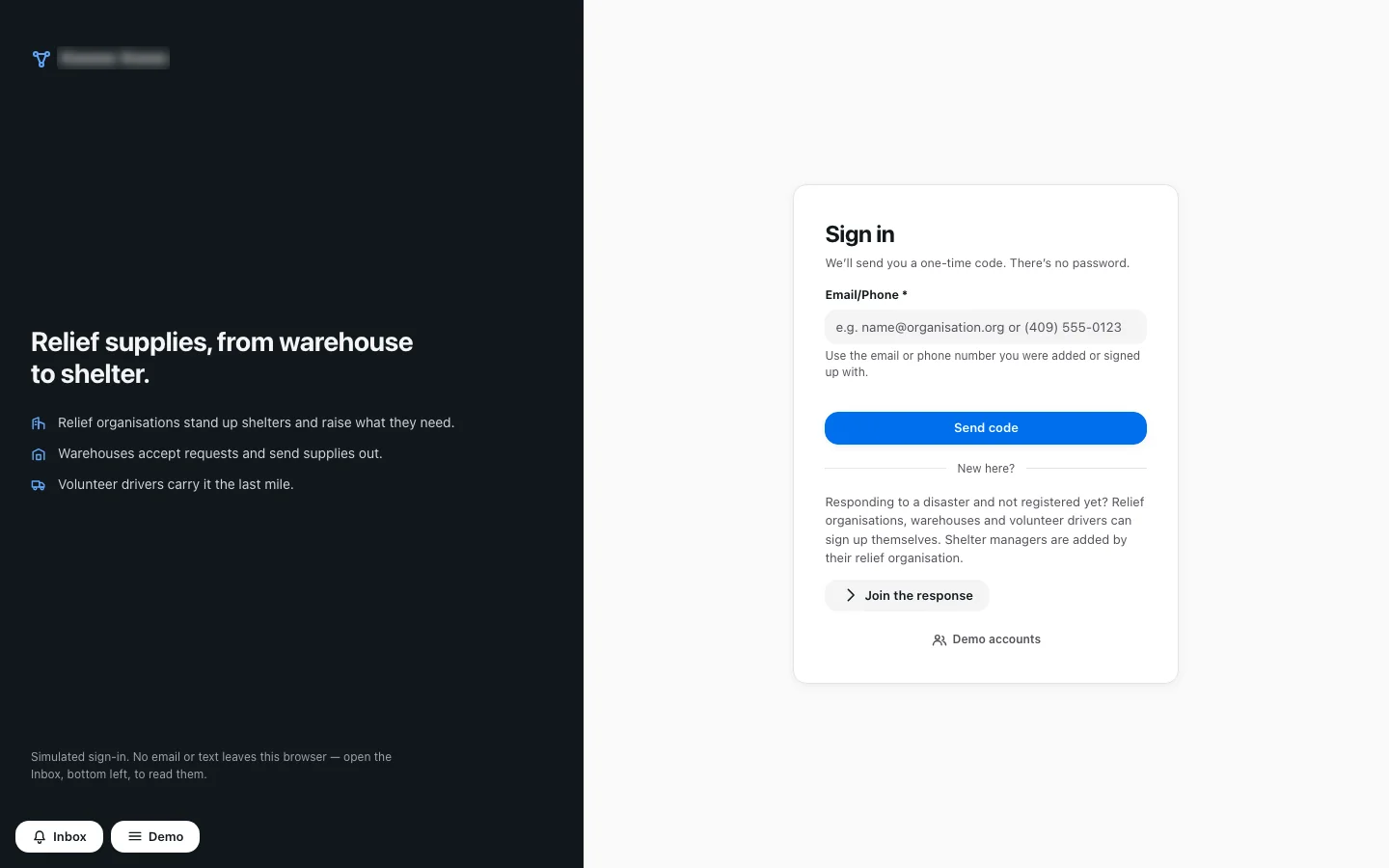 Screenshot: the sign-in page, with one Email/Phone field, a Send code button, and a way for new relief organisations, warehouses and drivers to join.