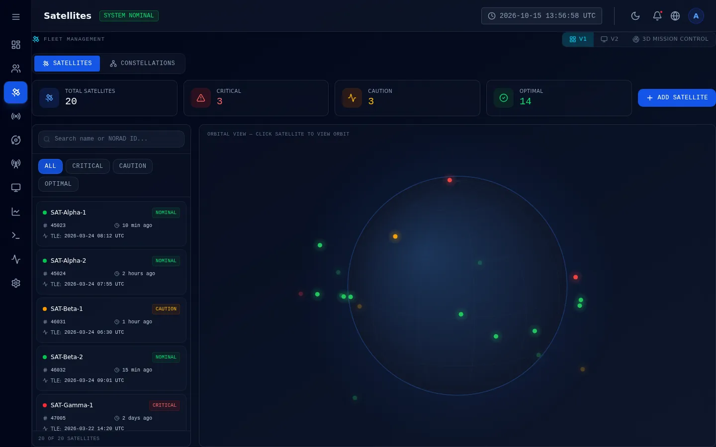 Version 1 satellites: a fleet list with health filters beside an orbital view.